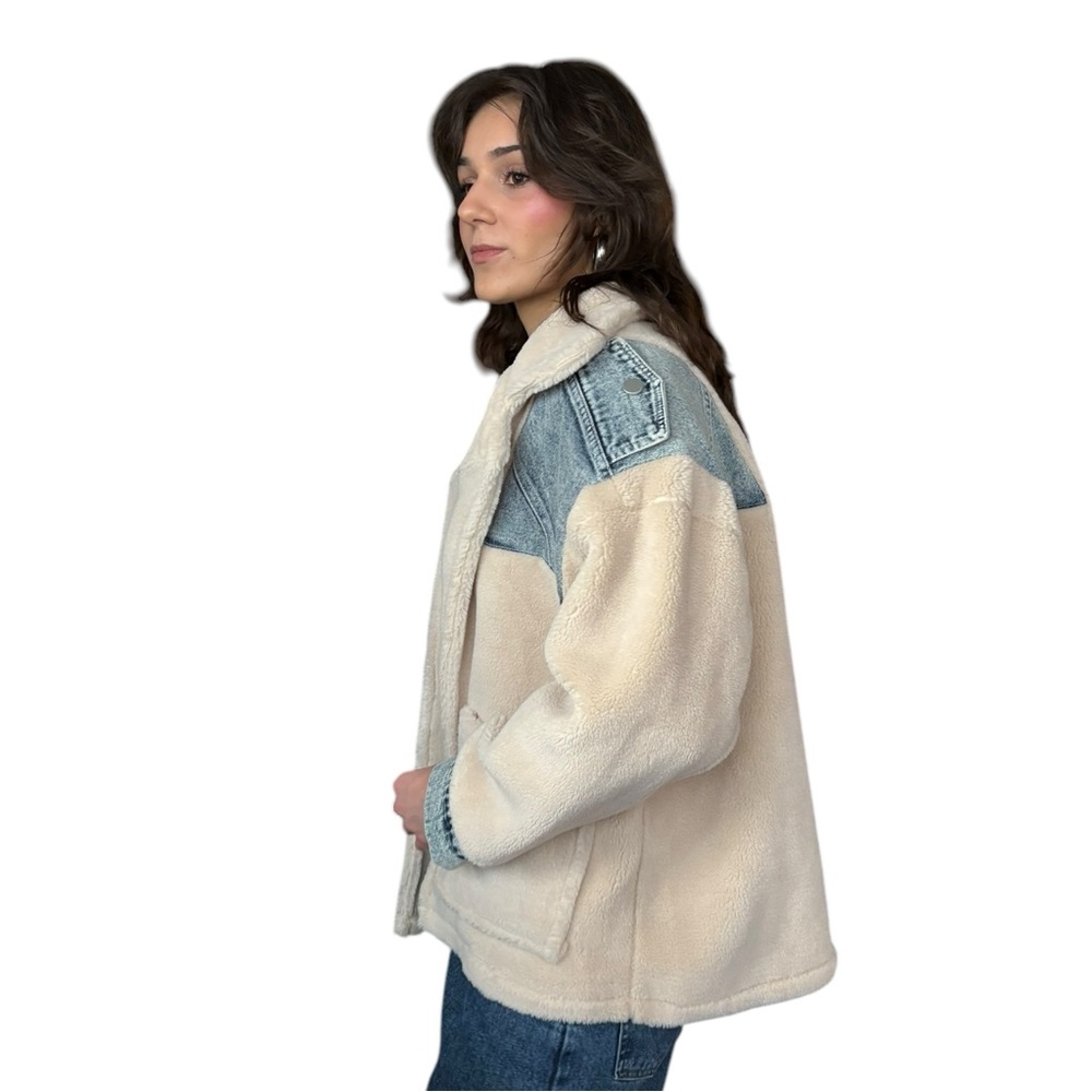 Teddy Fleece & Denim Contrast Patch Jacket-NWT - Picture 3 of 4